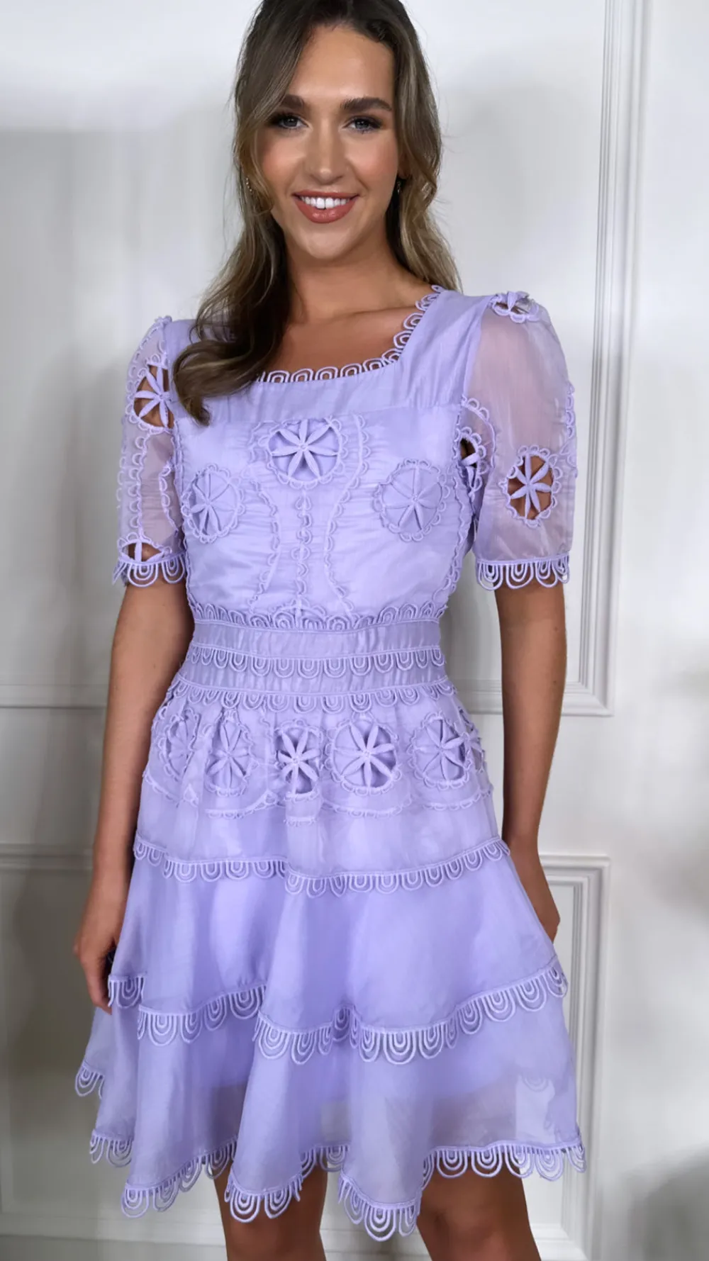 cassia_lilac_crochet_deta_2.webp FLAM MODE Going Out Dresses | Occasion Dresses^Cassia Lilac Crochet Detail Short Sleeve Mini Dress