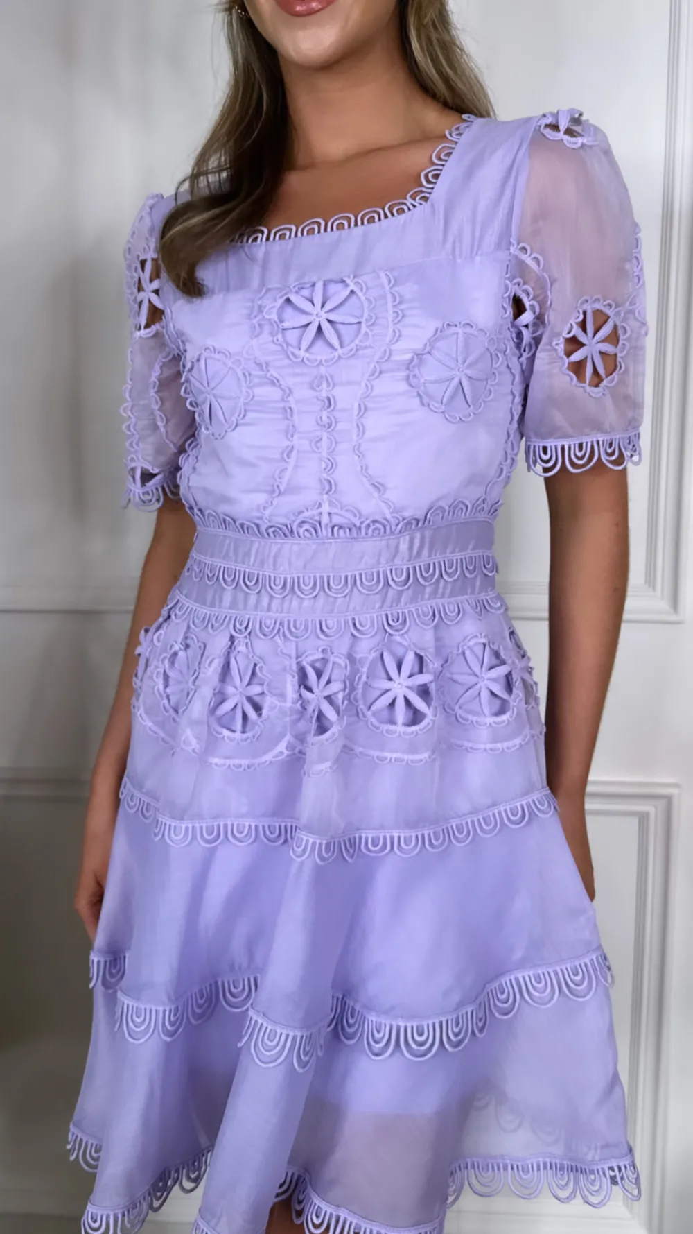 cassia_lilac_crochet_deta_4.webp FLAM MODE Going Out Dresses | Occasion Dresses^Cassia Lilac Crochet Detail Short Sleeve Mini Dress