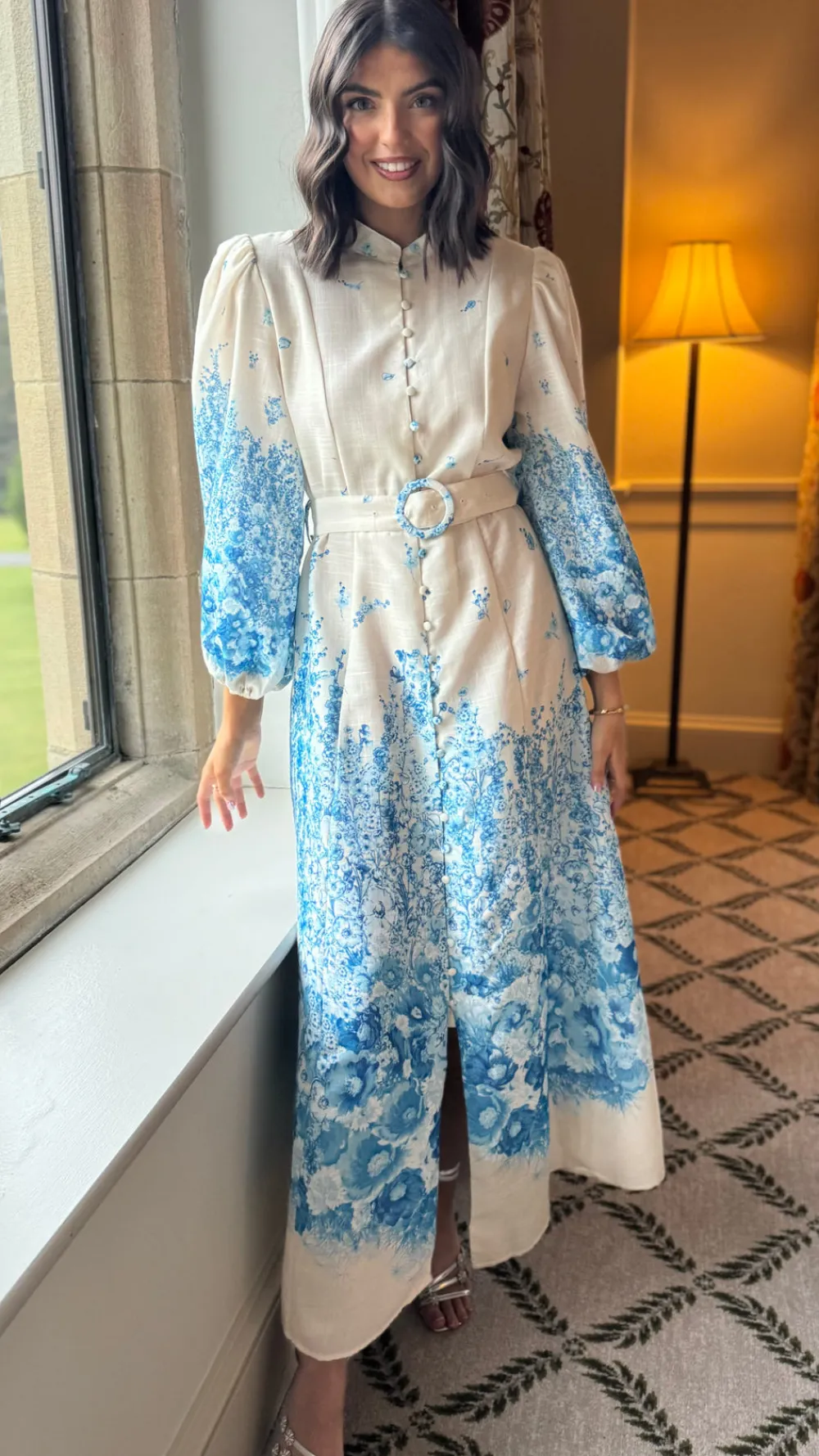 cassie_beige_amp_blue_flo_1.webp TIMELY Going Out Dresses | Occasion Dresses^Cassie Beige & Blue Floral Printed Midi Dress