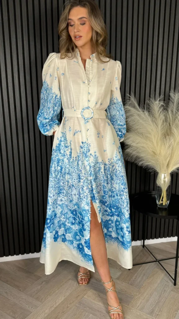 TIMELY Going Out Dresses | Occasion Dresses^Cassie Beige & Blue Floral Printed Midi Dress