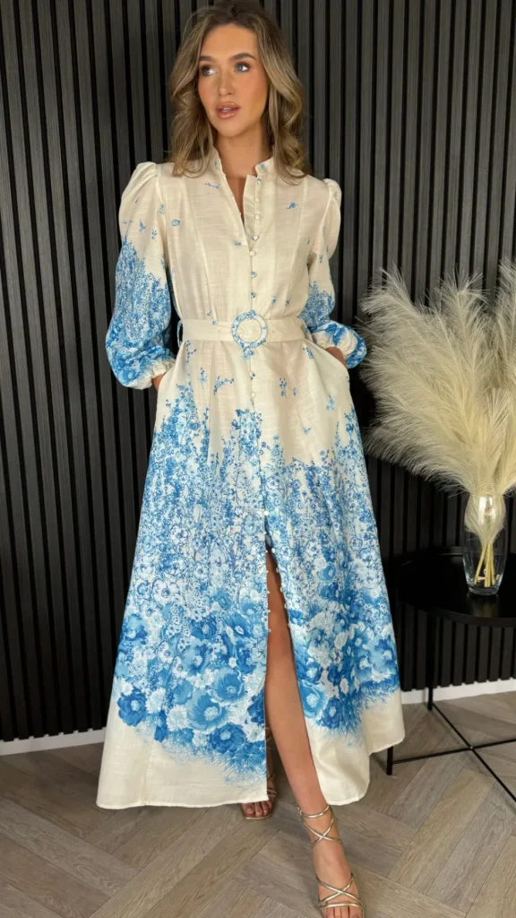 TIMELY Going Out Dresses | Occasion Dresses^Cassie Beige & Blue Floral Printed Midi Dress