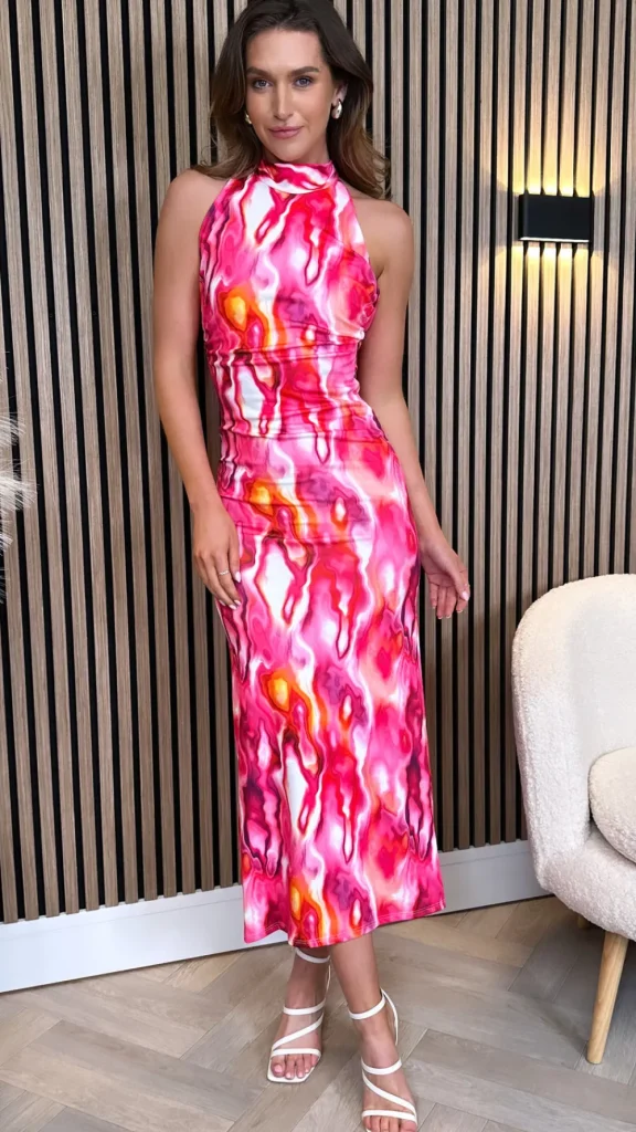 COPPEROSE Occasion Dresses | Midi Dresses^Celeste Fuchsia Printed Halterneck Midi Dress