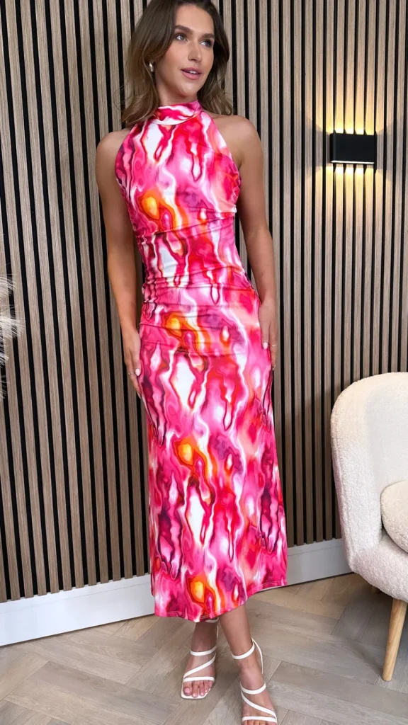 COPPEROSE Occasion Dresses | Midi Dresses^Celeste Fuchsia Printed Halterneck Midi Dress