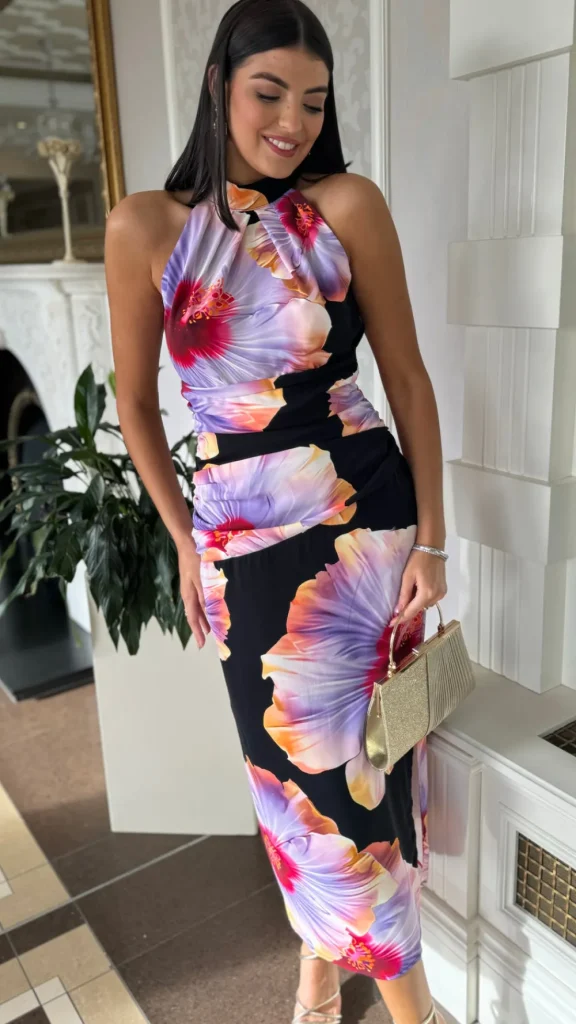 AX PARIS Going Out Dresses | Occasion Dresses^Chantelle Black & Lilac Floral Print Halter Neck Midi Dress