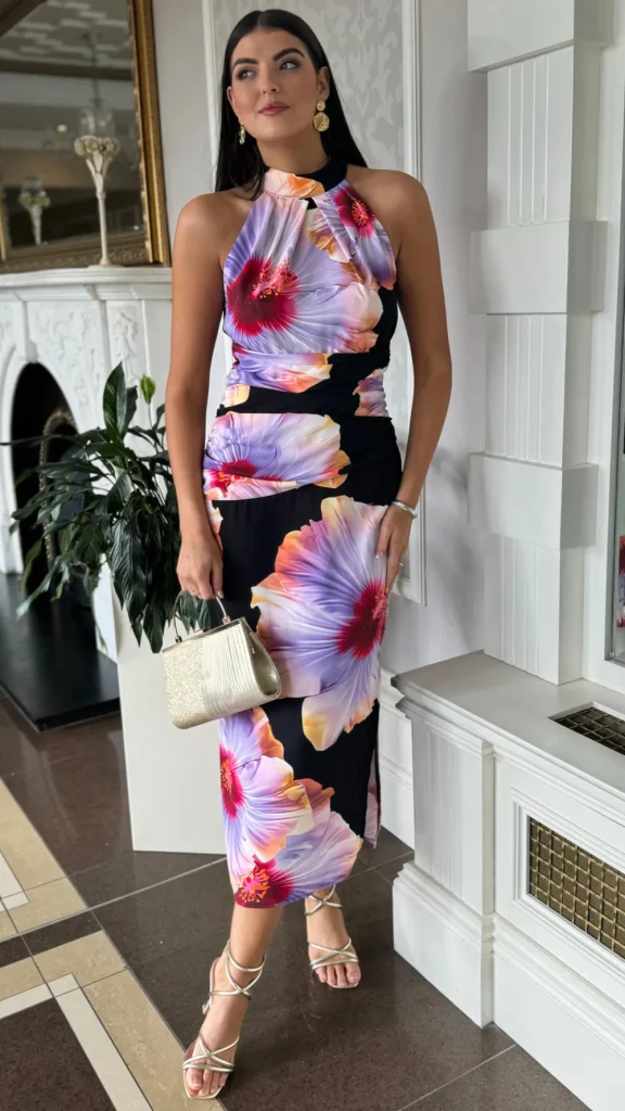 AX PARIS Going Out Dresses | Occasion Dresses^Chantelle Black & Lilac Floral Print Halter Neck Midi Dress