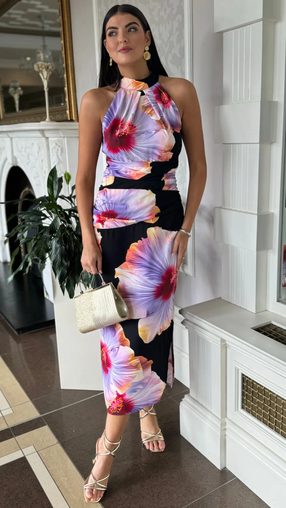 chantelle_black_amp_lilac_1.webp AX PARIS Going Out Dresses | Occasion Dresses^Chantelle Black & Lilac Floral Print Halter Neck Midi Dress