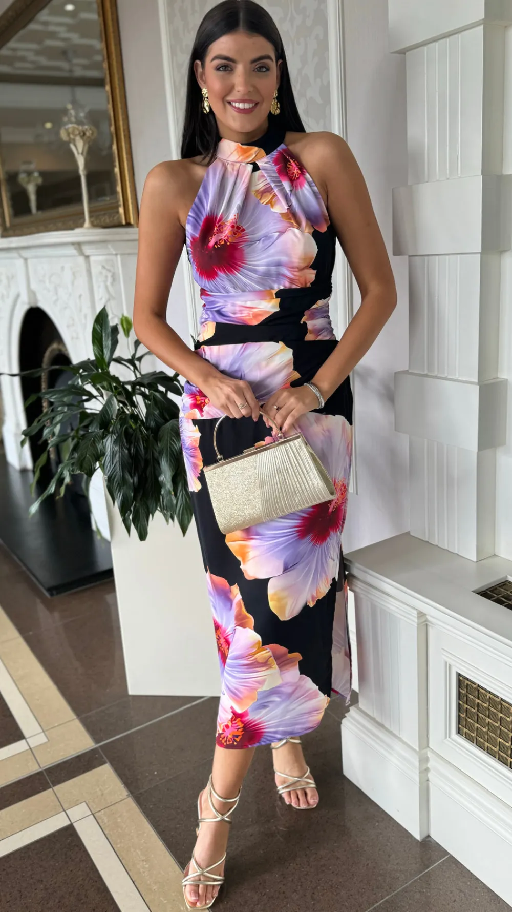 chantelle_black_amp_lilac_3.webp AX PARIS Going Out Dresses | Occasion Dresses^Chantelle Black & Lilac Floral Print Halter Neck Midi Dress