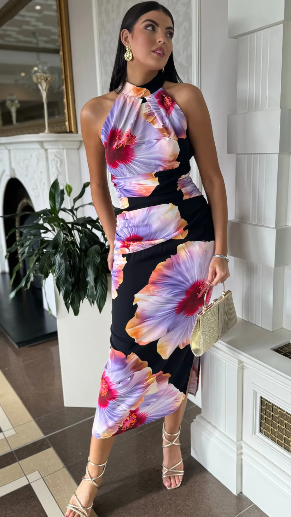 chantelle_black_amp_lilac_4.webp AX PARIS Going Out Dresses | Occasion Dresses^Chantelle Black & Lilac Floral Print Halter Neck Midi Dress