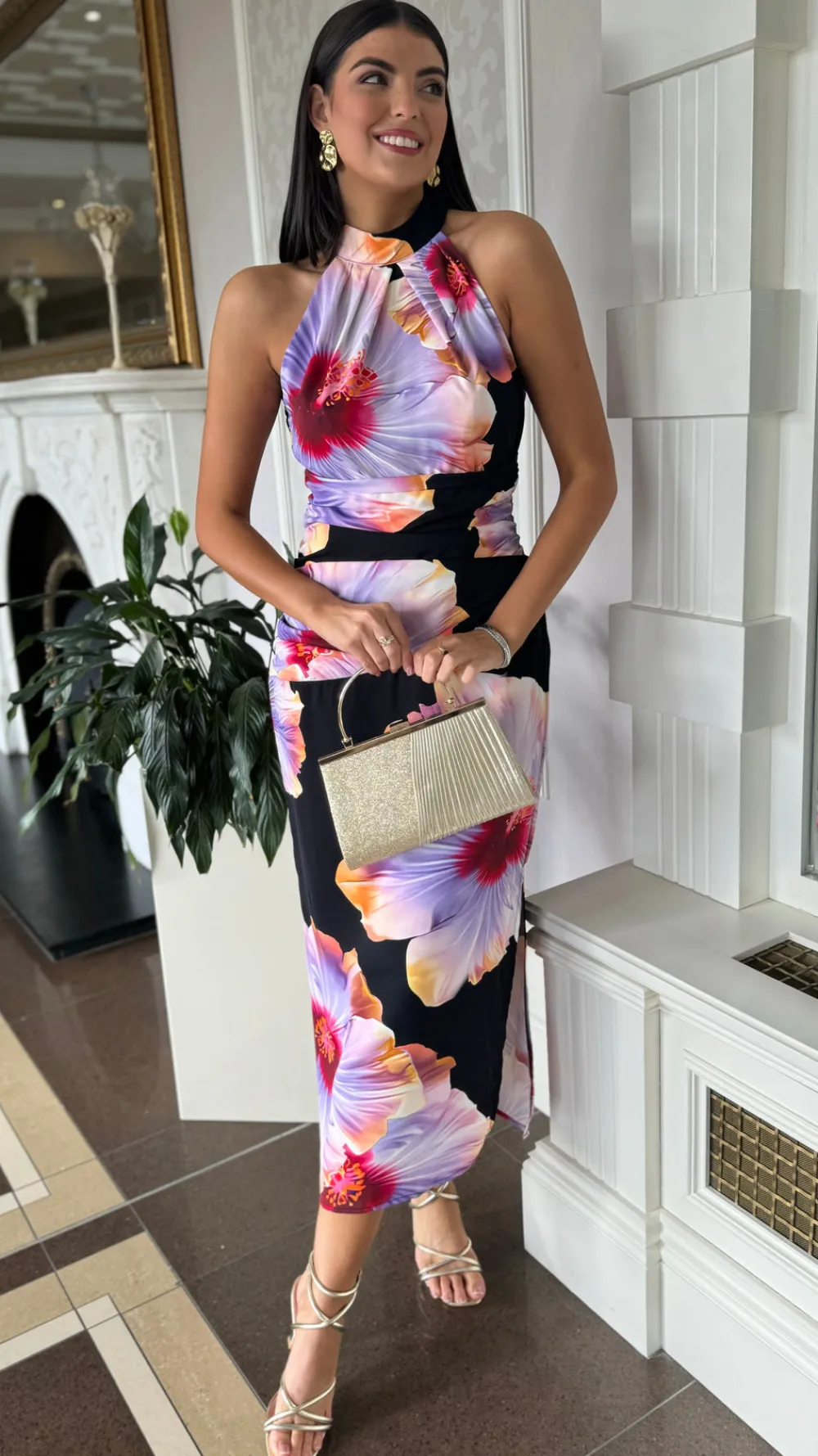 chantelle_black_amp_lilac_5.webp AX PARIS Going Out Dresses | Occasion Dresses^Chantelle Black & Lilac Floral Print Halter Neck Midi Dress