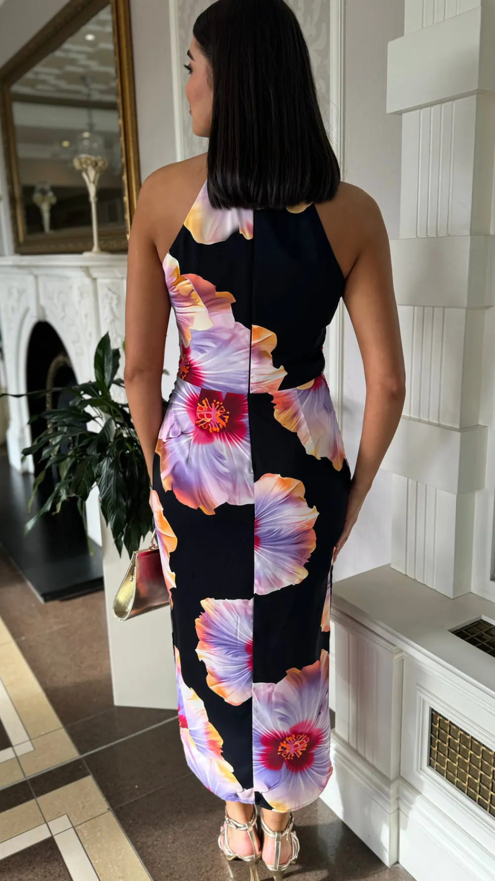chantelle_black_amp_lilac_6.webp AX PARIS Going Out Dresses | Occasion Dresses^Chantelle Black & Lilac Floral Print Halter Neck Midi Dress
