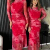 COPPEROSE Going Out Dresses | Occasion Dresses^Charlene Red Printed Ruched Cowl Collar Midi Dress