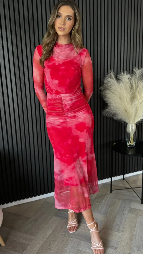 COPPEROSE Going Out Dresses | Occasion Dresses^Charlene Red Printed Ruched Cowl Collar Midi Dress