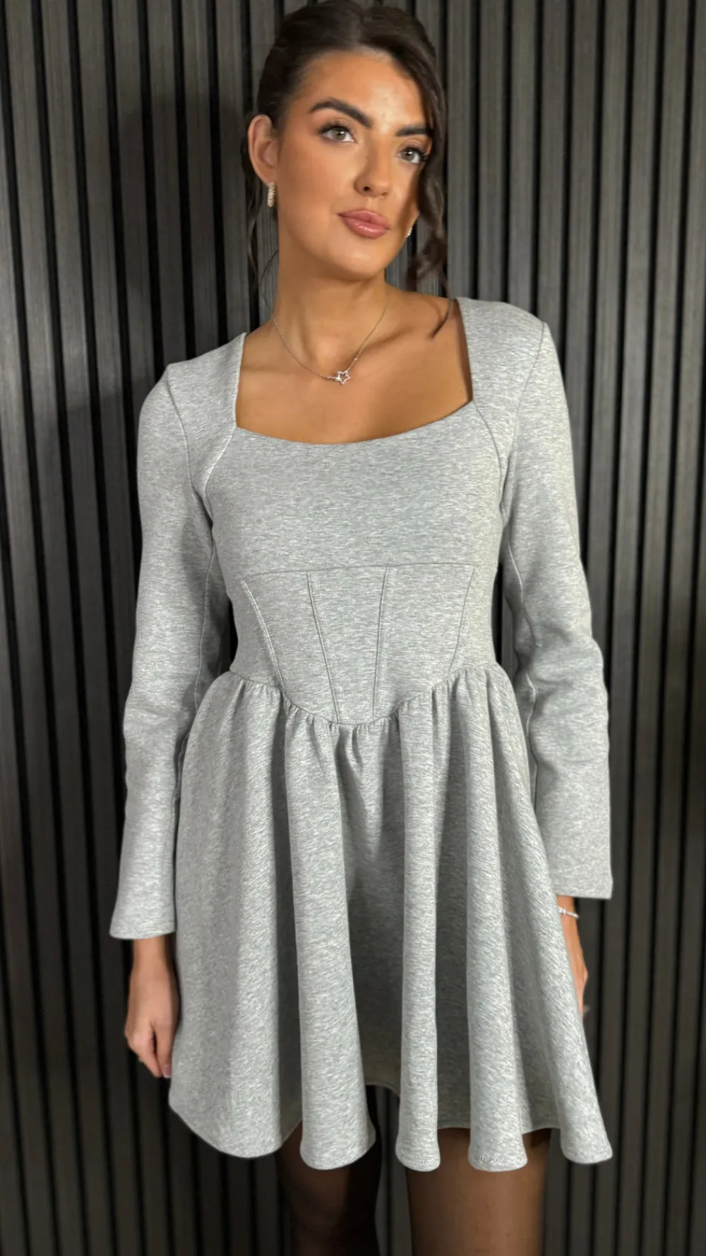 chloe_grey_square_neck_sk_0.webp TIMELY Fitted Dresses | Going Out Dresses^Chloe Grey Square Neck Skater Mini Dress
