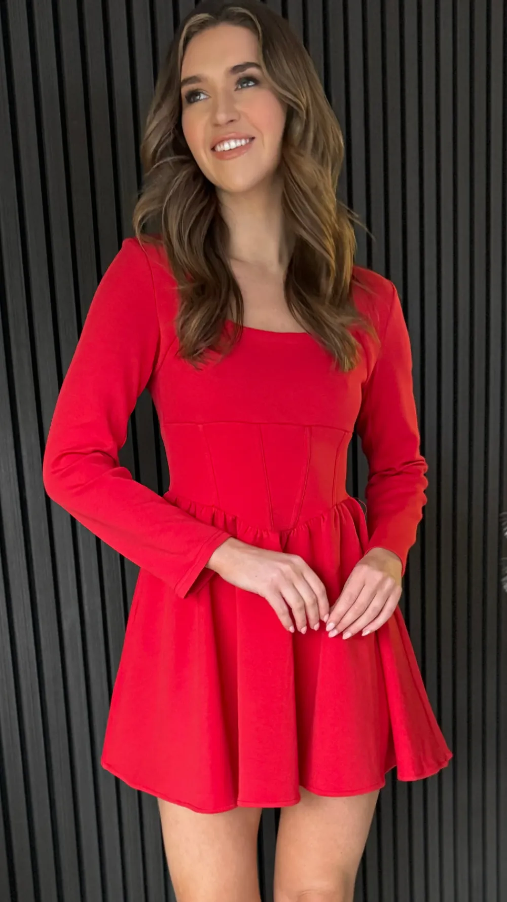 chloe_red_square_neck_ska_2.webp TIMELY Fitted Dresses | Going Out Dresses^Chloe Red Square Neck Skater Mini Dress
