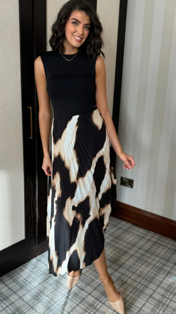AX PARIS Going Out Dresses | Occasion Dresses^Chrissy Black & Beige Marble Print Asymmetric Hem Pleated Midi Dress