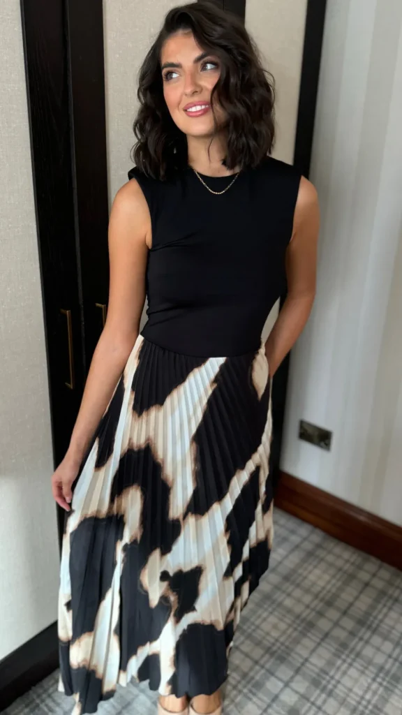 AX PARIS Going Out Dresses | Occasion Dresses^Chrissy Black & Beige Marble Print Asymmetric Hem Pleated Midi Dress