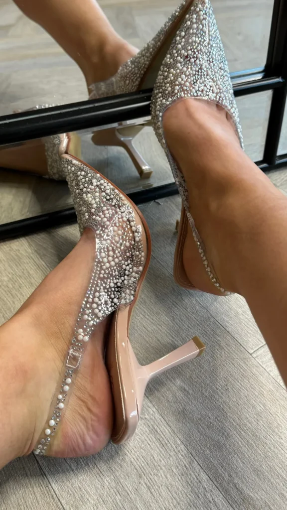 SAS ACTIV GIVANA Heels^Christie Beige Diamante & Pearl Embellished Slingback Stilettos