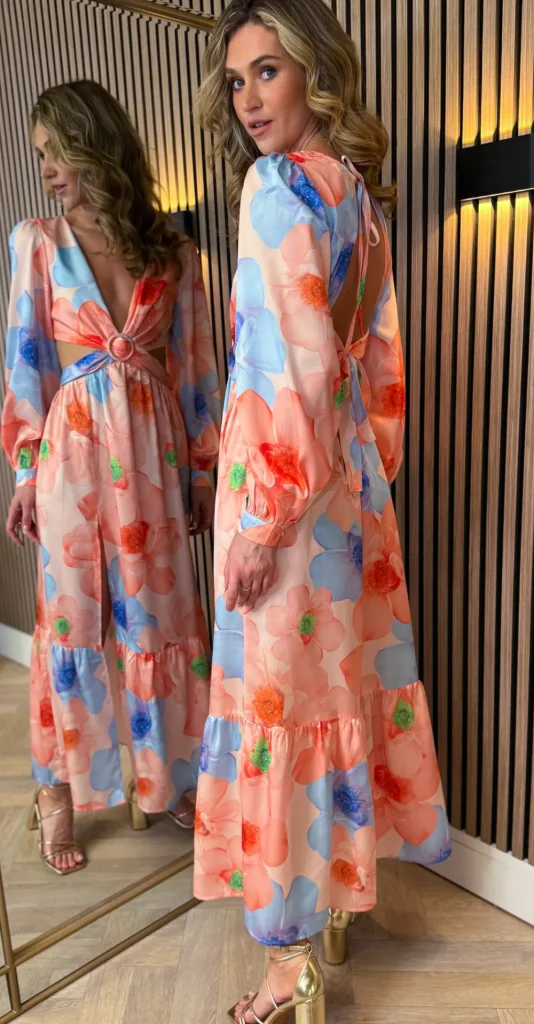 ELENZA Going Out Dresses | Midi Dresses^Christine Orange Floral Printed Cut Out Detail Midi Dress