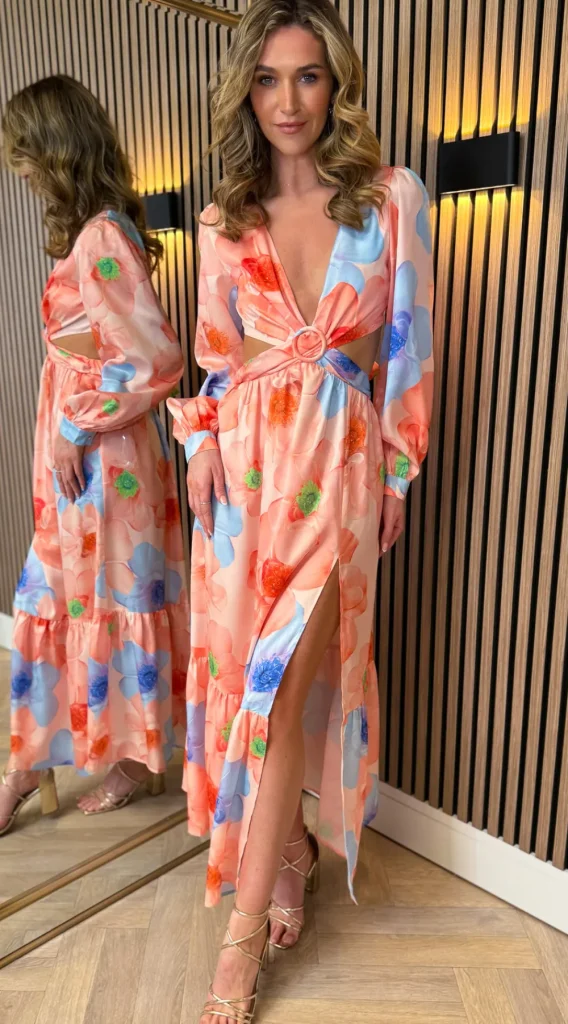 ELENZA Going Out Dresses | Midi Dresses^Christine Orange Floral Printed Cut Out Detail Midi Dress