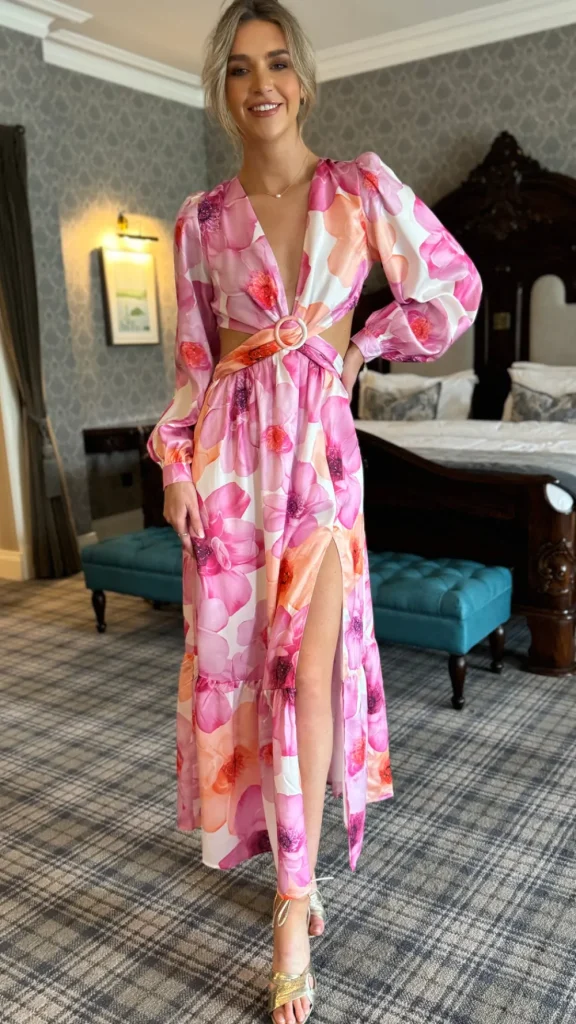 ELENZA Going Out Dresses | Occasion Dresses^Christine Pink Floral Printed Cut Out Detail Midi Dress