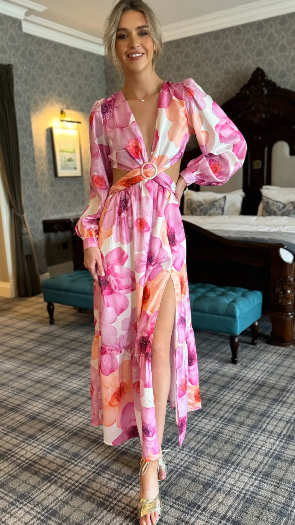 christine_pink_floral_pri_1.webp ELENZA Going Out Dresses | Occasion Dresses^Christine Pink Floral Printed Cut Out Detail Midi Dress