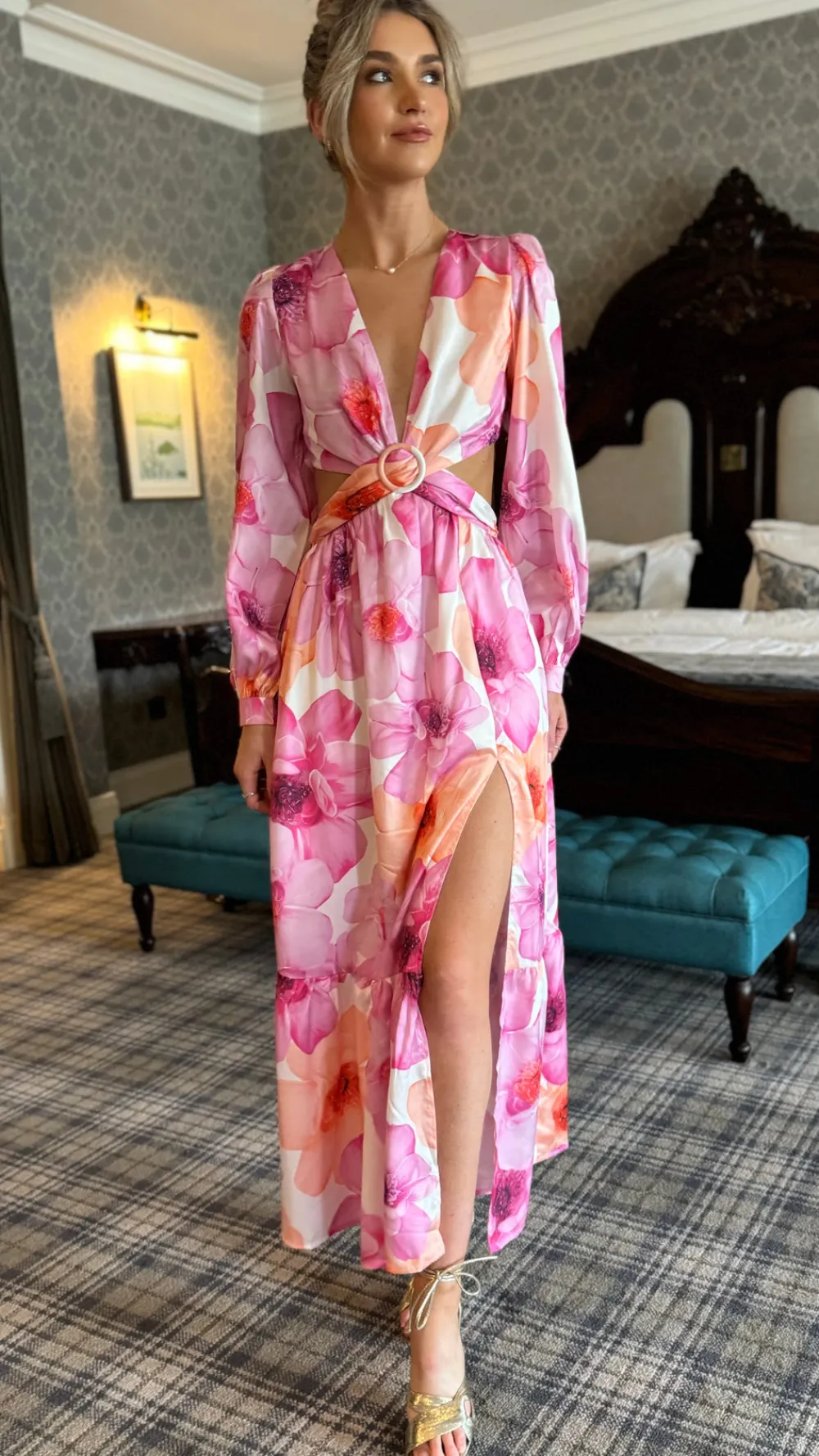 christine_pink_floral_pri_2.webp ELENZA Going Out Dresses | Occasion Dresses^Christine Pink Floral Printed Cut Out Detail Midi Dress