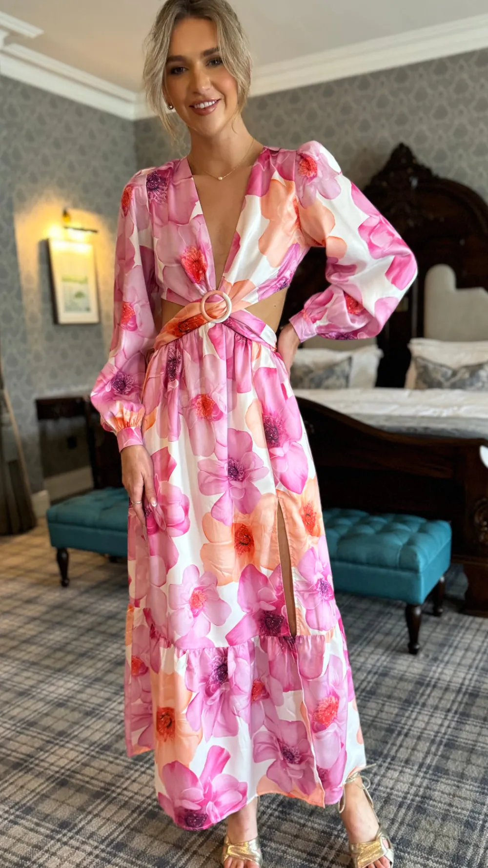 christine_pink_floral_pri_3.webp ELENZA Going Out Dresses | Occasion Dresses^Christine Pink Floral Printed Cut Out Detail Midi Dress