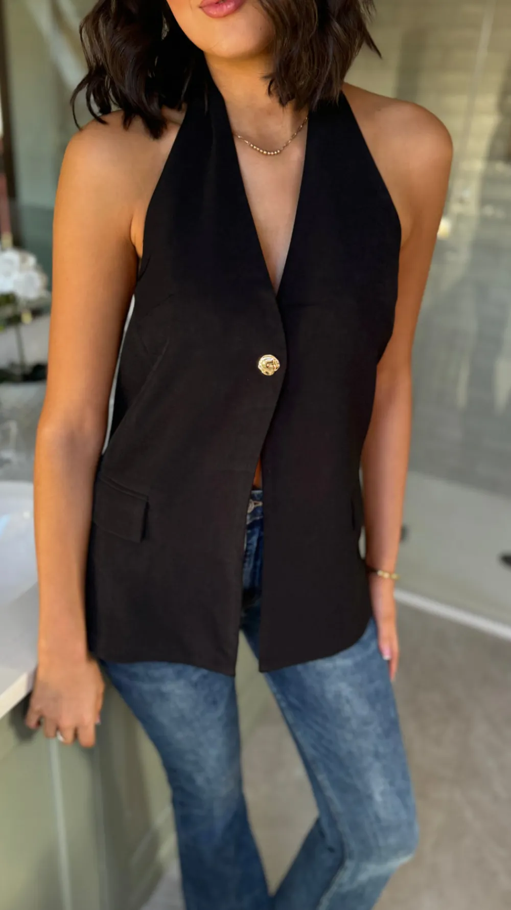 claudette_black_halter_ne_4.webp FEELKOO Tops^Claudette Black Halter Neck Tailored Style Waistcoat (PRE ORDER)