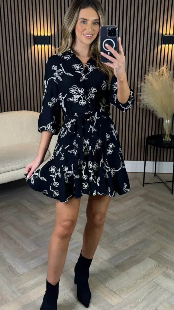 UNIKA Going Out Dresses | Mini Dresses^Cleo Black & White Floral Print Shirt Mini Dress