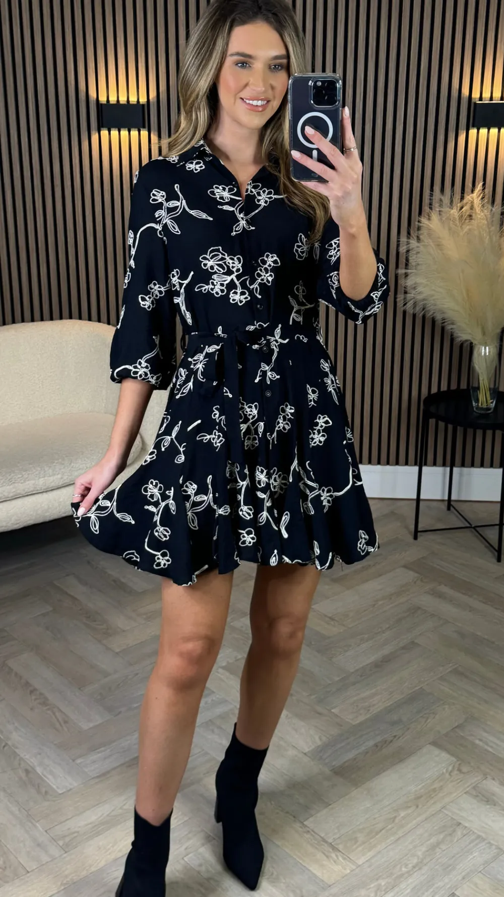 cleo_black_amp_white_flor_0.webp UNIKA Going Out Dresses | Mini Dresses^Cleo Black & White Floral Print Shirt Mini Dress