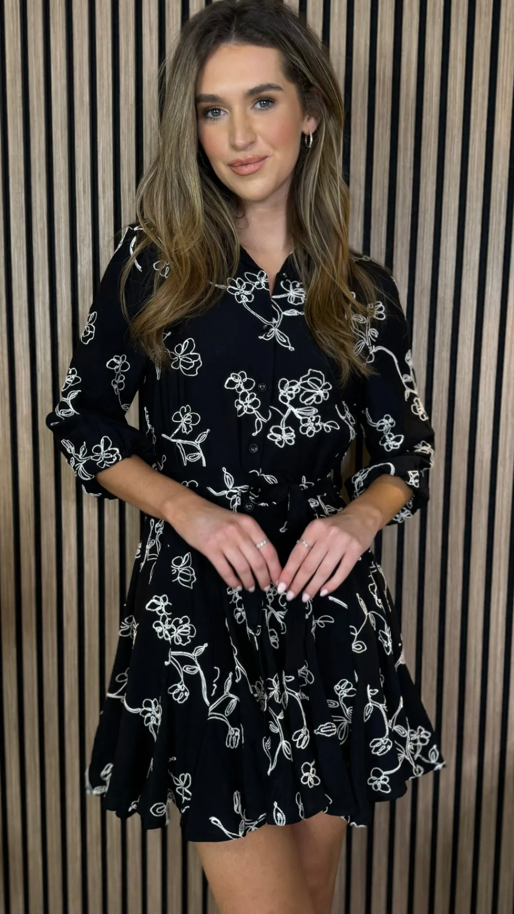 cleo_black_amp_white_flor_3.webp UNIKA Going Out Dresses | Mini Dresses^Cleo Black & White Floral Print Shirt Mini Dress