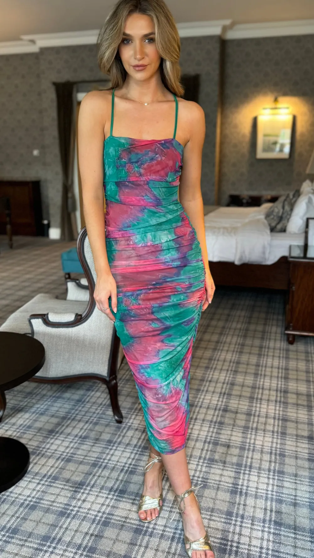 cliona_green_amp_purple_p_0.webp PARIS FASHION SHOPS Going Out Dresses | Occasion Dresses^Cliona Green & Purple Printed Cami Strap Midi Dress