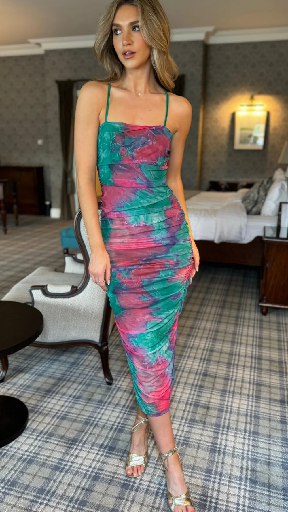 cliona_green_amp_purple_p_2.webp PARIS FASHION SHOPS Going Out Dresses | Occasion Dresses^Cliona Green & Purple Printed Cami Strap Midi Dress