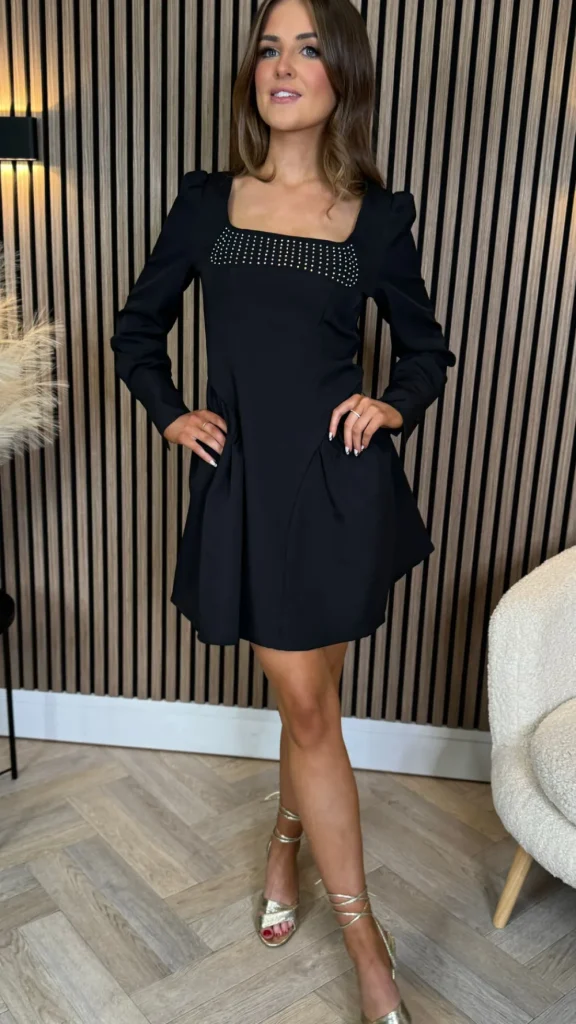 ALLYSON Fitted Dresses | Day Dresses^Clora Black Square Neck Embellished Detail Mini Skater Dress