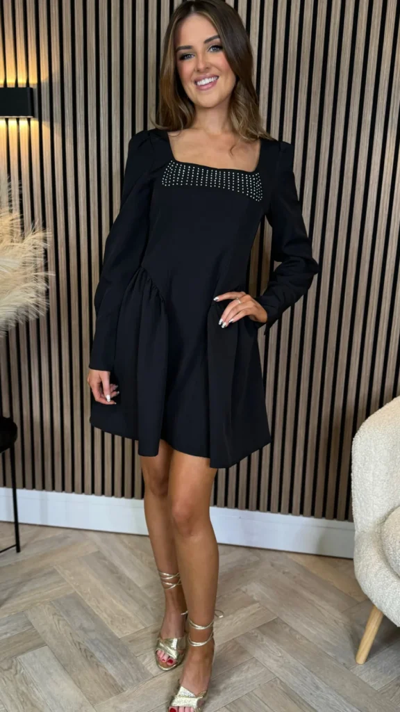 ALLYSON Fitted Dresses | Day Dresses^Clora Black Square Neck Embellished Detail Mini Skater Dress