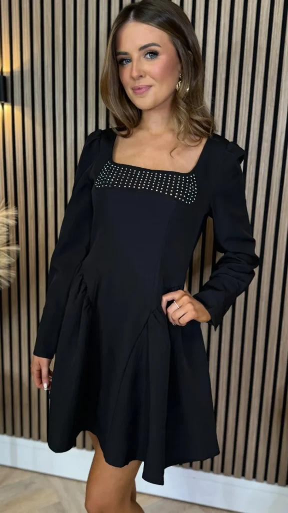 ALLYSON Fitted Dresses | Day Dresses^Clora Black Square Neck Embellished Detail Mini Skater Dress