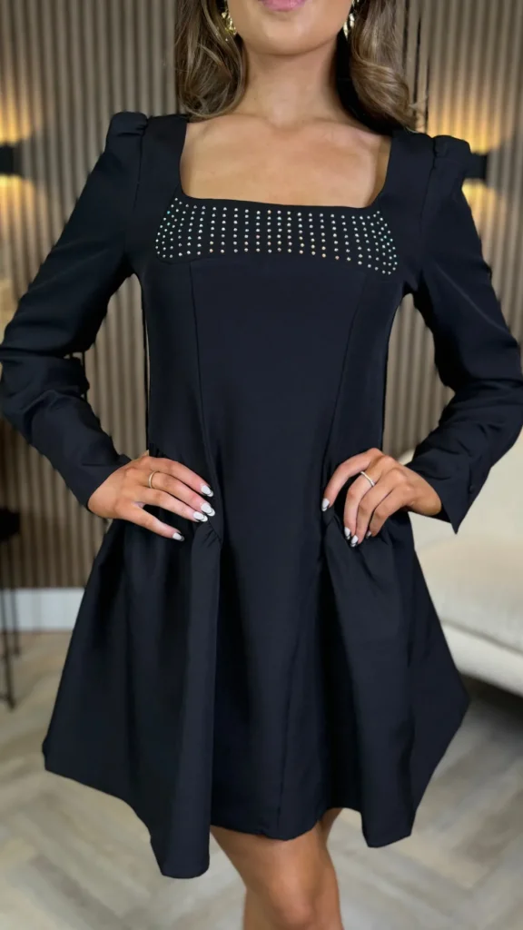 ALLYSON Fitted Dresses | Day Dresses^Clora Black Square Neck Embellished Detail Mini Skater Dress