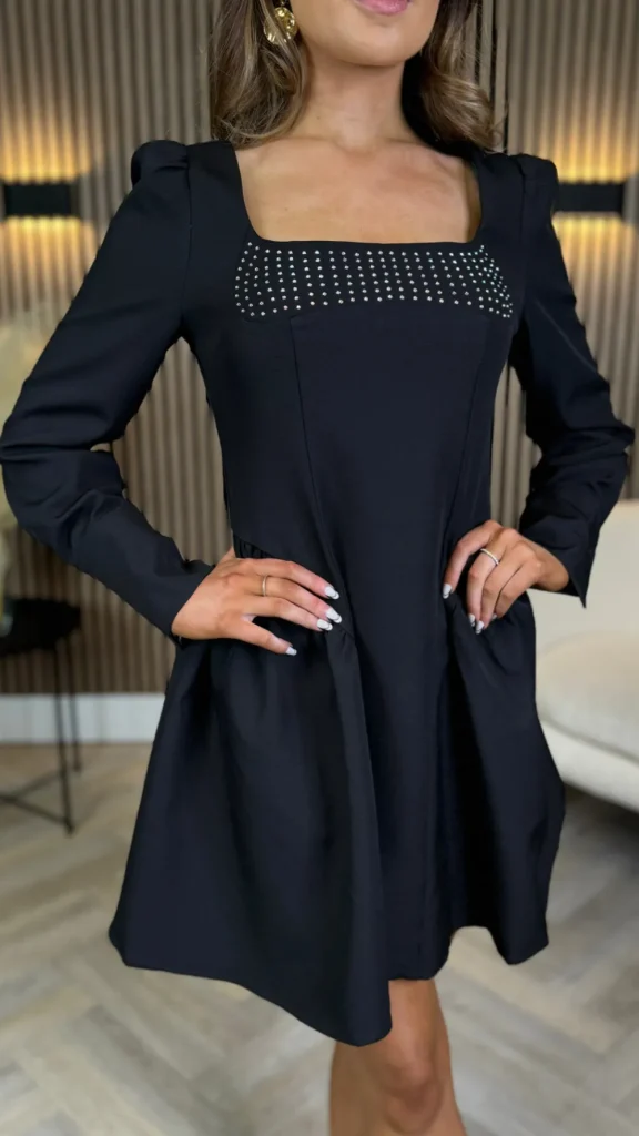 ALLYSON Fitted Dresses | Day Dresses^Clora Black Square Neck Embellished Detail Mini Skater Dress