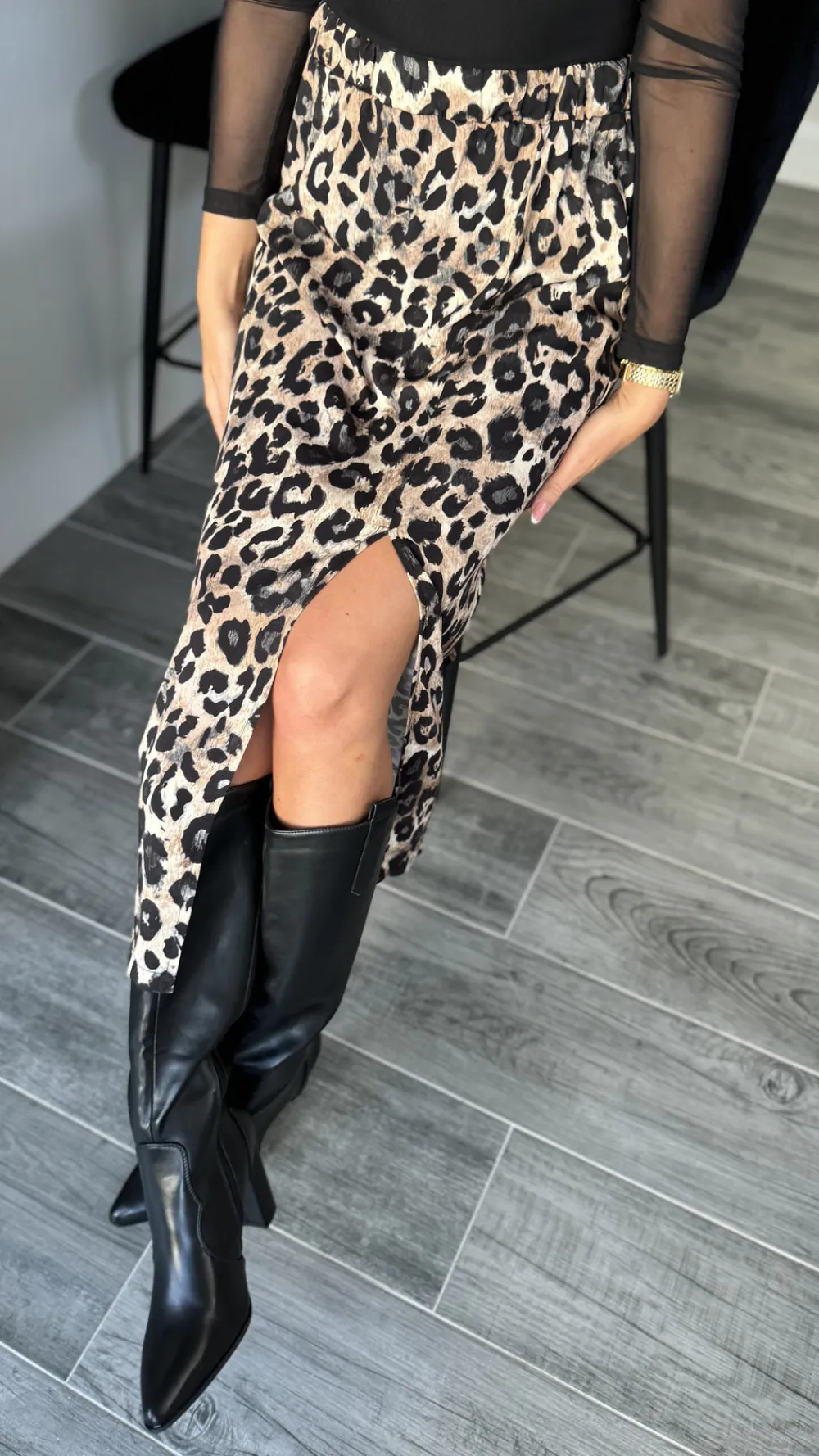 coralena_beige_amp_black__3.webp ESTEE BROWN Skirts & Shorts^Coralena Beige & Black Leopard Print Midi Skirt