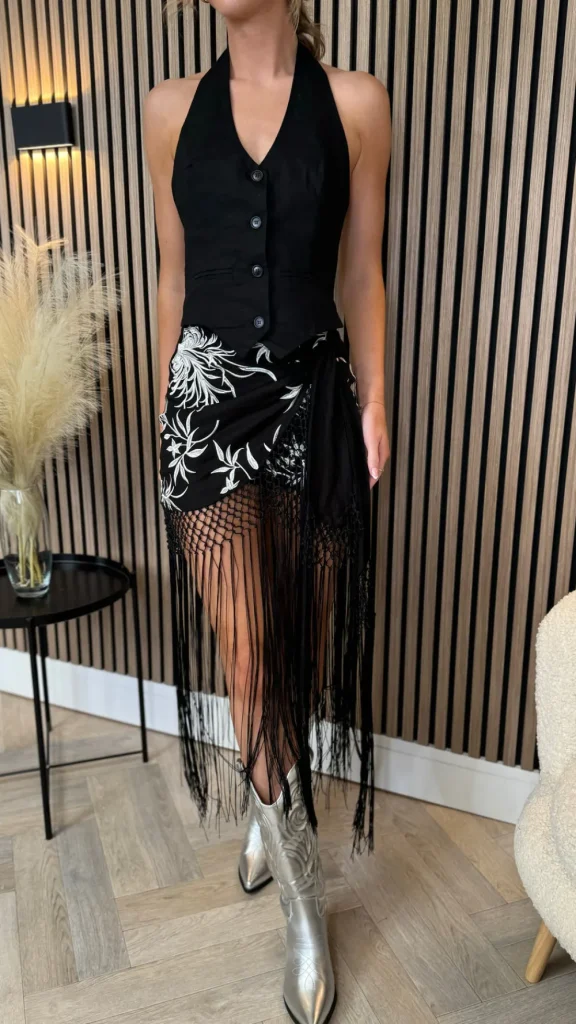 LILY ROSE BY FJ Skirts & Shorts^Cordelia Black & White Printed Fringed Midi Skirt
