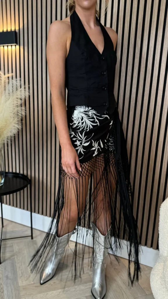 LILY ROSE BY FJ Skirts & Shorts^Cordelia Black & White Printed Fringed Midi Skirt