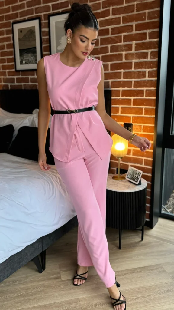 COPPEROSE Trousers | Co-ords^Corrine Pink Trousers & Button Detail Belted Top Co Ord