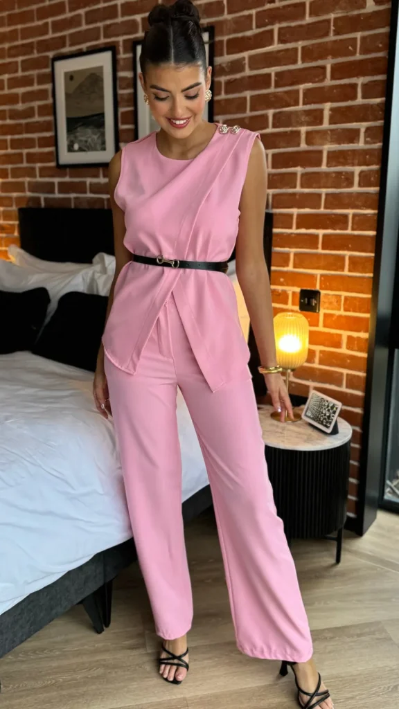 COPPEROSE Trousers | Co-ords^Corrine Pink Trousers & Button Detail Belted Top Co Ord