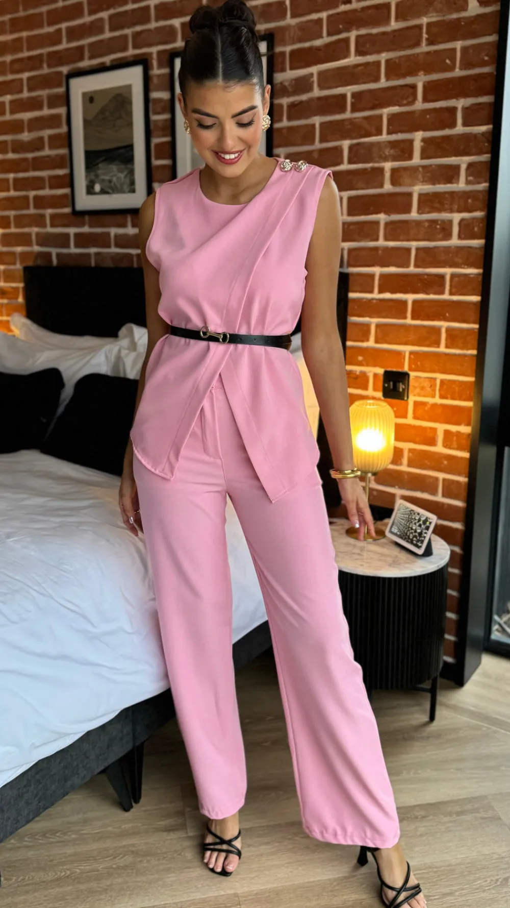 corrine_pink_trousers_amp_3.webp COPPEROSE Trousers | Co-ords^Corrine Pink Trousers & Button Detail Belted Top Co Ord