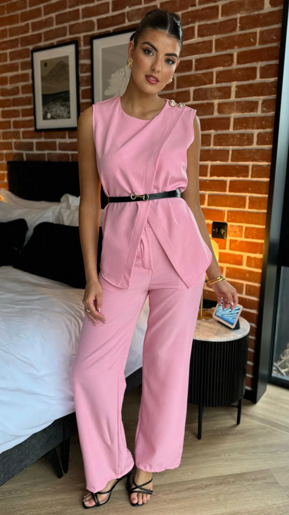 corrine_pink_trousers_amp_4.webp COPPEROSE Trousers | Co-ords^Corrine Pink Trousers & Button Detail Belted Top Co Ord