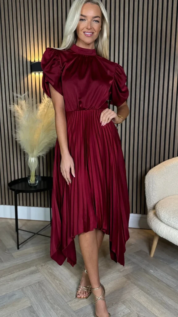 AX PARIS Going Out Dresses | Midi Dresses^Cressida Burgundy High Neck Puff Sleeve Pleated Midi Dress