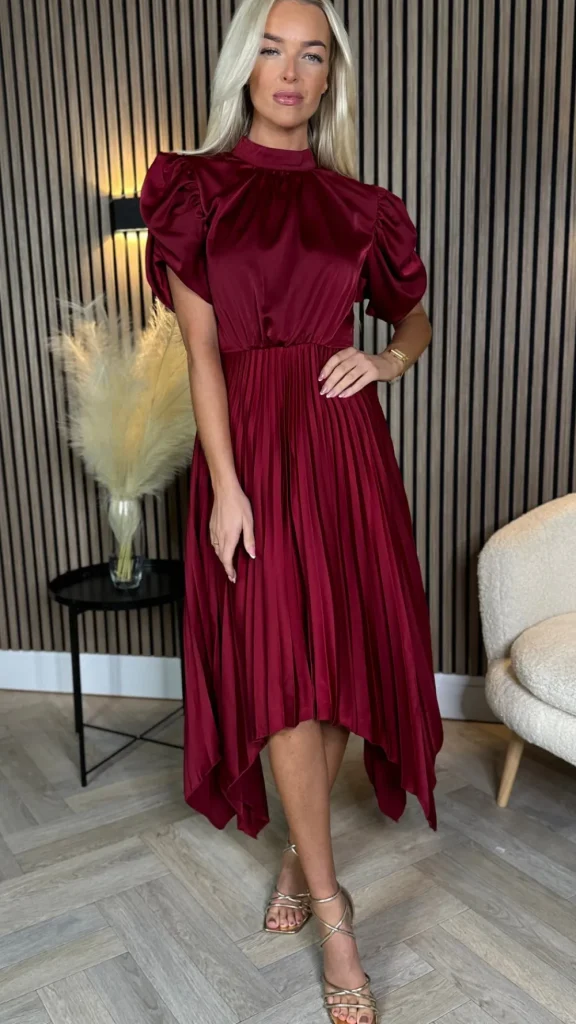 AX PARIS Going Out Dresses | Midi Dresses^Cressida Burgundy High Neck Puff Sleeve Pleated Midi Dress
