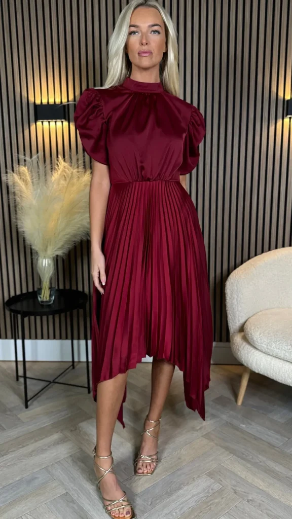 AX PARIS Going Out Dresses | Midi Dresses^Cressida Burgundy High Neck Puff Sleeve Pleated Midi Dress