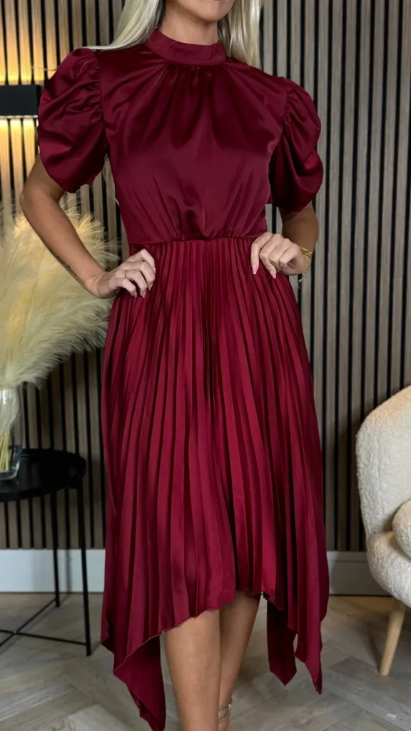 AX PARIS Going Out Dresses | Midi Dresses^Cressida Burgundy High Neck Puff Sleeve Pleated Midi Dress
