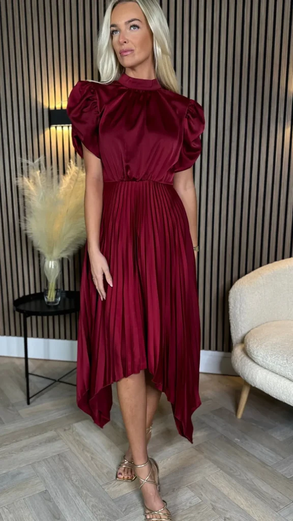 AX PARIS Going Out Dresses | Midi Dresses^Cressida Burgundy High Neck Puff Sleeve Pleated Midi Dress
